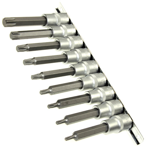 9 x lange TORX Schraubendreher-Einsätze Bit T-Profil 1/2" T20-60 auf Steckleiste