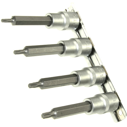 4 x LANGE TORX Schraubendreher-Einsätze Bit T-Profil 1/2" T20-30 auf Steckleiste