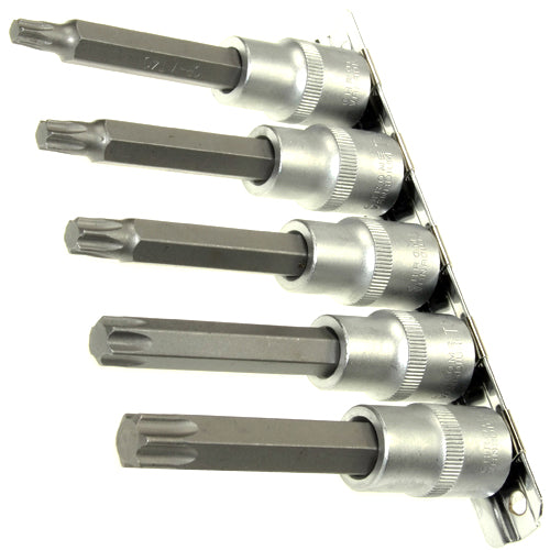 5 x LANGE TORX Schraubendreher-Einsätze Bit T-Profil 1/2" T40-60 auf Steckleiste