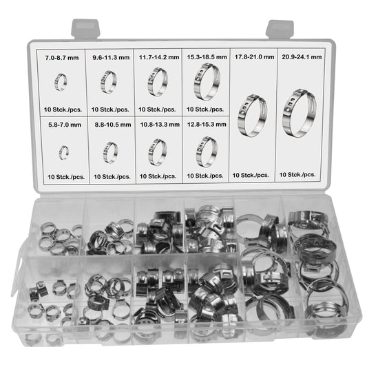 100 x Edelstahl 1-Ohr-Schlauchschellen Klemmschelle Schlauchklemme Ø 5.8-24.1 mm